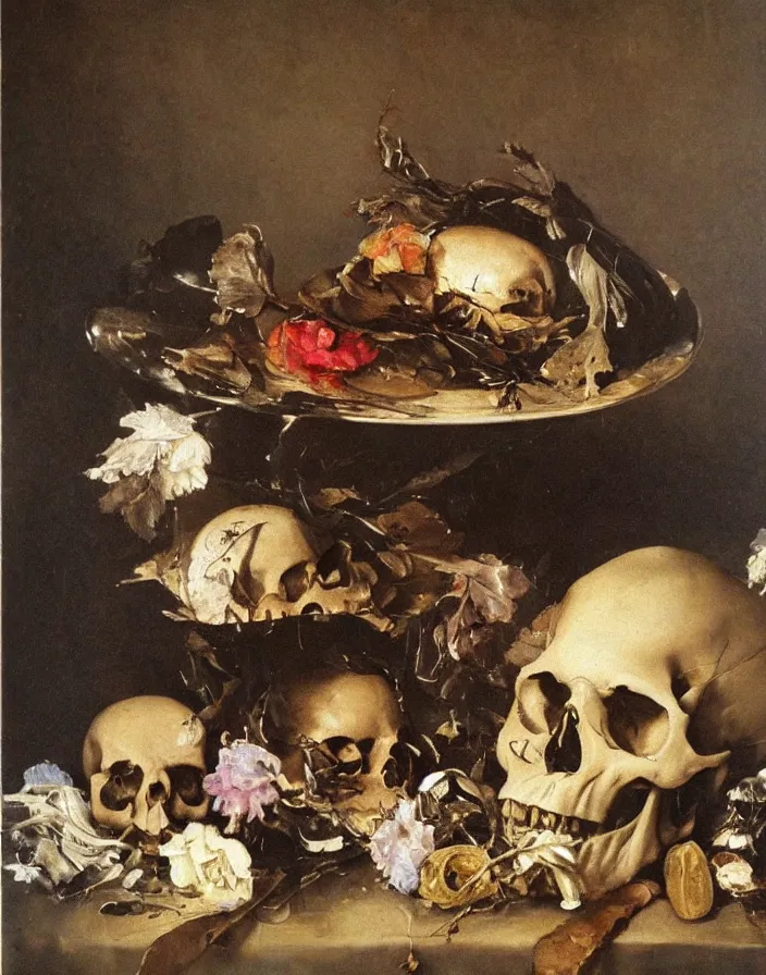 Prompt: beautiful still life oil painting with one skull on a silver platter surrounded by dead flowers and rotten fruit, light from one candle by Diego Velázquez and francisco goya, anatomical, realistic, wet, slimy