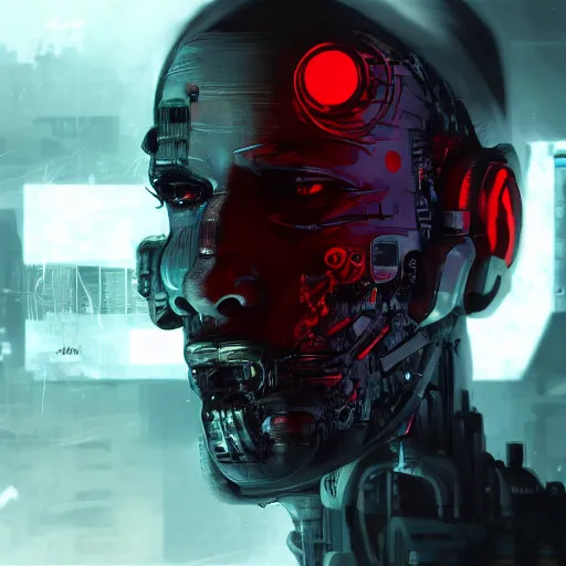 Image similar to concept art of a cyborg, cyberpunk, surrounded by smoke, award-winning art, black on red, hyperrealistic, by Sam Spratt, by Vlad Rodrig﻿u﻿e﻿z, computer screens in the background, trending on Artstation, dark, dramatic, cinematic, realistic studio lighting, raytracing, 4k, professional, canon