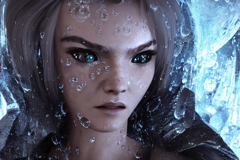 Prompt: HD render of Malevolent Ice Queen with ice droplets on forehead in the style of Artstation, Unreal Engine, photorealistic, reflective