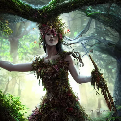 Prompt: high definition digital fantasy character art, hyper realistic, hyperrealism, elemental guardian of life, forest dryad, woody foliage, 8 k dop dof hdr fantasy character art, by aleski briclot and alexander'hollllow'fedosav and laura zalenga