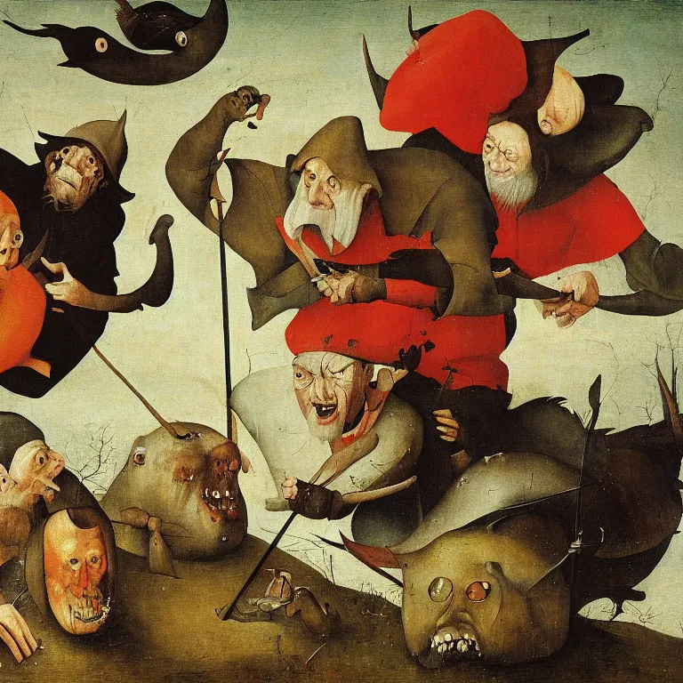 Image similar to The portrait of three sarcastic mans with a lot of fish running away from Grim Reaper who laughs and follow them, by Hieronymus Bosch and Pieter Bruegel inspired by Terry Pratchett, super detailed oil painting, hyper realistic, 4k, masterpiece