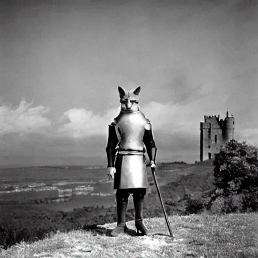 Prompt: anthropomorphic fox!! who is a medieval knight holding a swo - rd towards a stor - my thundercloud [ 1 9 3 0 s film still ], ( castle in the background )