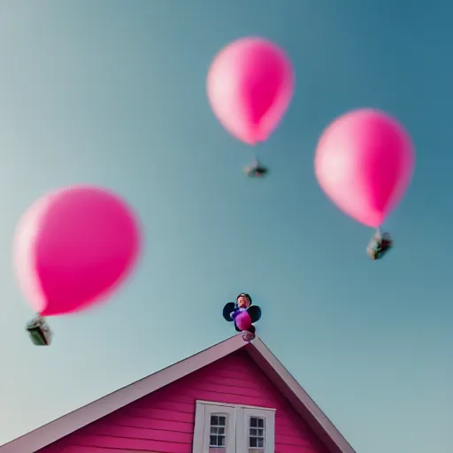 Image similar to dream a 5 0 mm lens photograph of a cute pink floating modern house, floating in the air between clouds, inspired by the movie up, held up from above by heart ballons. mist, playful composition canon, nikon, award winning, photo of the year