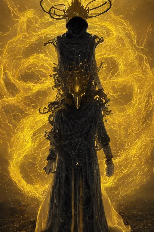 Image similar to A full body portrait of a mysterious character with no face with a very long hooded yellow cloak, a golden crown floating above his head tentacles coming out the ground art by Maciej Kuciara and Jason Chan, ominous, cosmic horror, trending on artstation, Ultra detailed, hyper realistic 4k