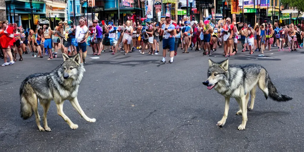 Image similar to a wolf furry on the streets of New Orleans, gay pride parade