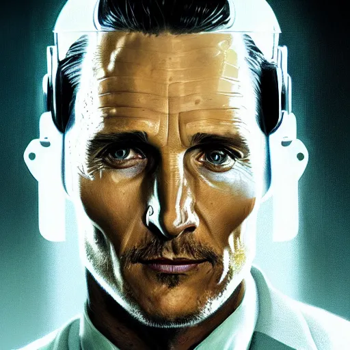 Image similar to portrait of a man by greg rutkowski, matthew mcconaughey as a ceo of weyland - yutani aliens franchise, he is about 5 0 years old, wearing futuristic office suit, highly detailed portrait, digital painting, artstation, concept art, smooth, sharp foccus ilustration, artstation hq