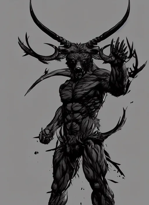 Prompt: Full body portrait of horned bear spirit with sharp claws. In style of Yoji Shinkawa and Hyung-tae Kim, trending on ArtStation, dark fantasy, great composition, concept art, highly detailed.