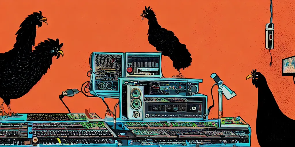 Image similar to 'black chicken'!!! smoking 'cannabis'!!!!!! in front of 'audio console'!!!! and 'multi monitors'!!!! 'in a hi-tech tv broadcasting studio'!!!!, artwork by James Gilleard