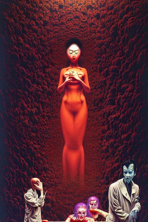 Image similar to a hyperrealistic painting of a haunted hotel lobby with scary maids and evil front desk clerk, cinematic horror by chris cunningham, lisa frank, richard corben, highly detailed, vivid color, beksinski painting, part by adrian ghenie and gerhard richter. art by takato yamamoto. masterpiece