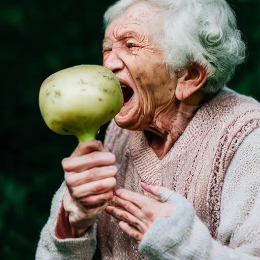 Prompt: elderly woman screaming at a turnip, canon eos r 3, f / 1. 4, iso 2 0 0, 1 / 1 6 0 s, 8 k, raw, unedited, symmetrical balance, wide angle