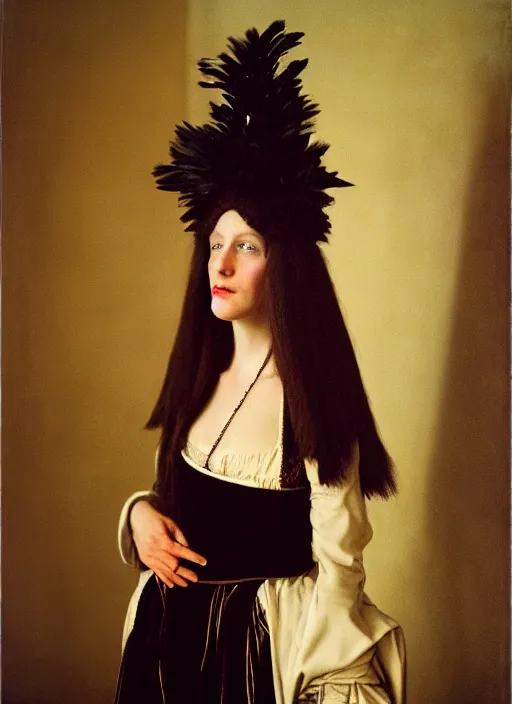 Image similar to portrait of young woman in renaissance dress and renaissance headdress, art by nan goldin