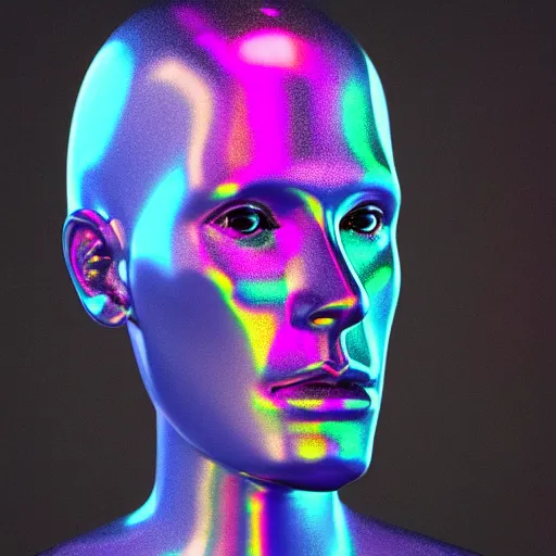 Image similar to 3d render of holographic human robotic head made of glossy iridescent, surrealistic 3d illustration of a human face non-binary, non binary model, 3d model human, cryengine, made of holographic texture, holographic material, holographic rainbow, concept of cyborg and artificial intelligence