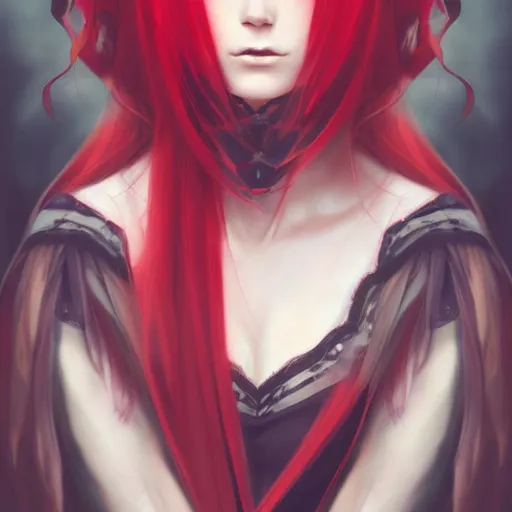 Image similar to facial portrait of a young pretty anime woman, long red hair, dark eyes, gothic eyeliner, character concept art, headshot, Charlie Bowater, Anna Dittmann, WLOP, Rumiko Takahashi, Akihiko Yoshida, Hyung-tae Kim, alexander mcqueen, trending on Artstation