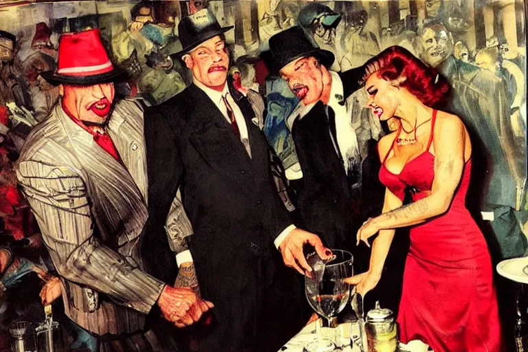 Image similar to rich piana dressed as a gangster is offered a drink at a 1 9 5 0 s party by a slim young lady, painted by phil hale and rick berry and dean cornwell and norman rockwell and jack kirby and jeremy mann