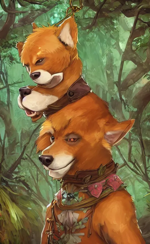 Prompt: stylized close up character portrait icon of the anthro anthropomorphic jindo dog trader head animal person fursona wearing clothes standing in the bright forest, hidari, color page, tankoban, 4 k, tone mapping, akihiko yoshida