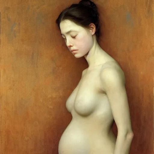 Image similar to epic masterpiece full body portrait a beautiful 7 months pregnant woman crying in shame, beautiful face and flawless skin, by Edgar Maxence and Ross Tran and Michael Whelan