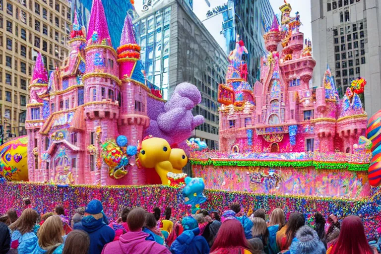 Prompt: photo of giant beautiful elaborate parade float castle designed by lisa frank and geof darrow, in the macys parade, detailed 4 k photo, gigapixel, hyperdetailed