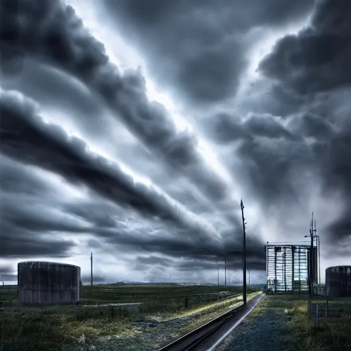 Image similar to Stormy sky with thunders, pipes and vaults system in the background, depth of field, blueshift render, photorealistic, 1128x191 resolution