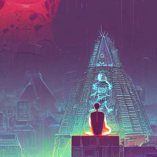 Prompt: stunningly intricate illustration of a cyberpunk explorer meditating next to a floating triangular glowing monolith, highly detailed, midnight, by victo ngai and james gilleard, moebius, laurie greasley