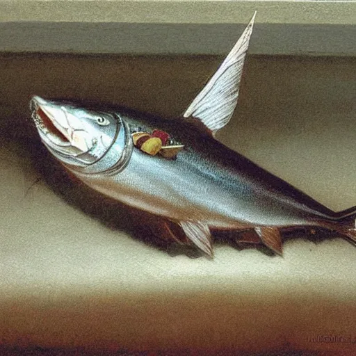 Prompt: sardine in a can, extremely detailed masterpiece, illustration, by michael sowa,