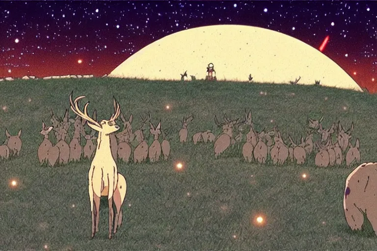 Image similar to a still from a studio ghibli film of a ufo beaming up a group of deer ufo from princess mononoke ( 2 0 0 4 ) at night on a desert road, full body, wide shot, very muted colors, post grunge, studio ghibli, laurie greasley, highly detailed, deviantart, art by artgem