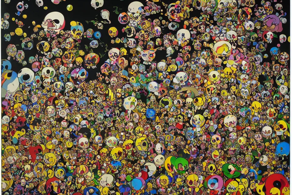 Image similar to Raphael Sanzio Renaissance Horror Paintings and Takashi Murakami Yayoi Kusama Pop Art Silkscreen Style Posters