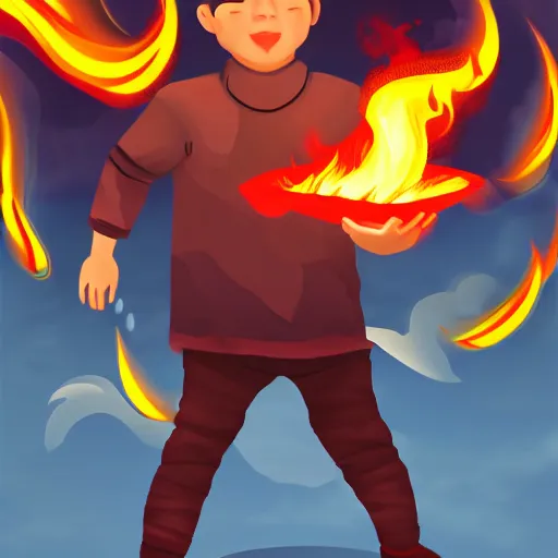 Prompt: A digital art of a boy with magical fire powers