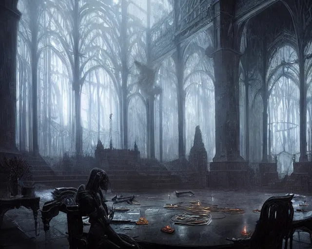 Image similar to fantasy, inside the king's hall wolves and their treasures, ethereal, ominous, misty, 8 k, by h. r. giger greg rutkowski