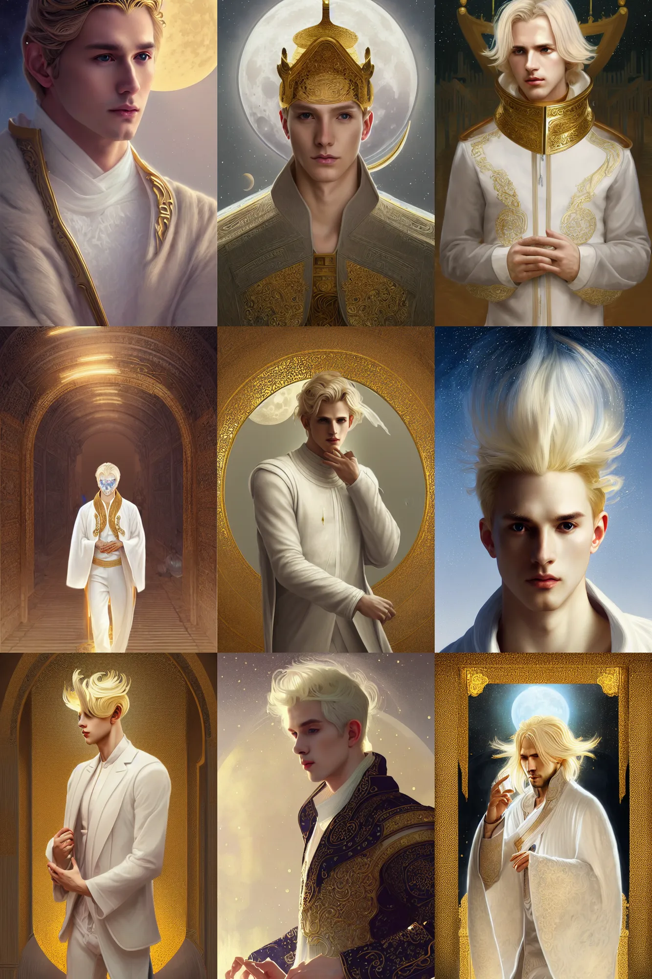 Prompt: portrait of blonde male as adam, white clothes, gold mask, in the temple of heaven, moon light, sci - fi and fantasy, intricate and very very beautiful and elegant, highly detailed, digital painting, artstation, concept art, smooth and sharp focus, illustration, art by tian zi and wlop and alphonse mucha