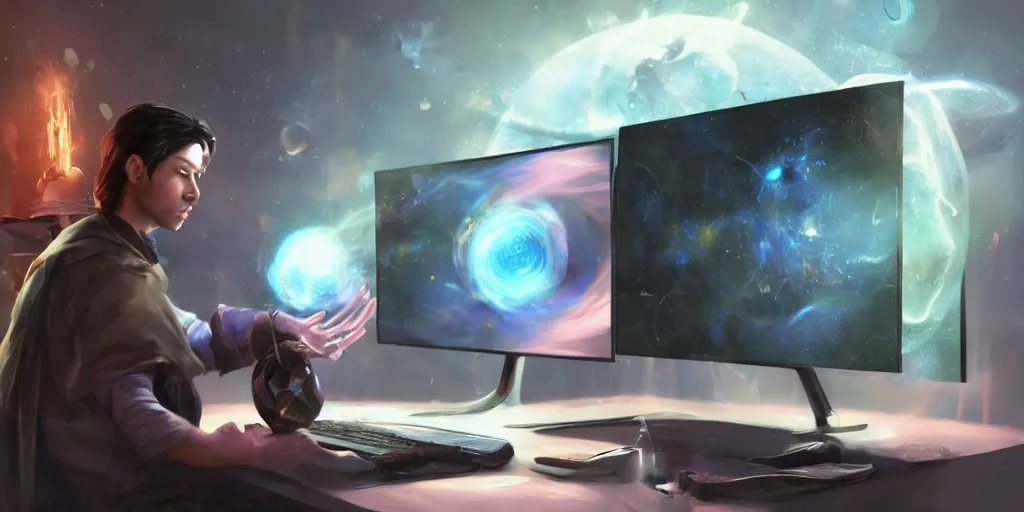 Prompt: a young mage creating a universe in his pc, a male mage in his 2 0 s with black hair sitting in front of monitor. hyperrealistic, extremely detailed, award - winning art, trending on artstation