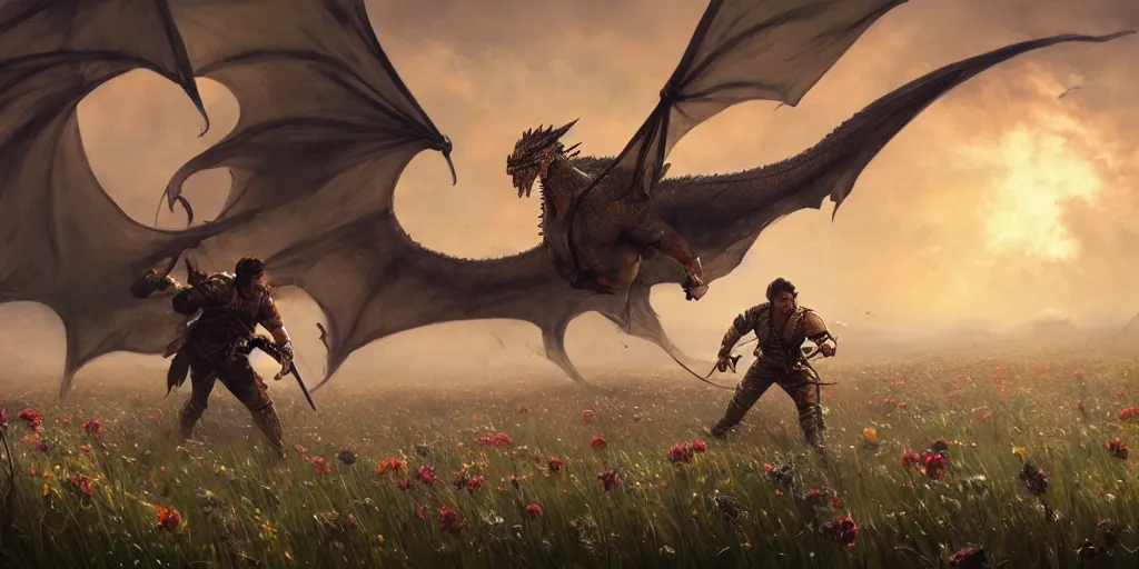 Image similar to male fighter ridding a dragon in a field of flowers, superwide angle, D&D, fantasy, intricate, cinematic lighting, highly detailed, digital painting, artstation, concept art, smooth, sharp focus, illustration, art by Greg Rutkowski