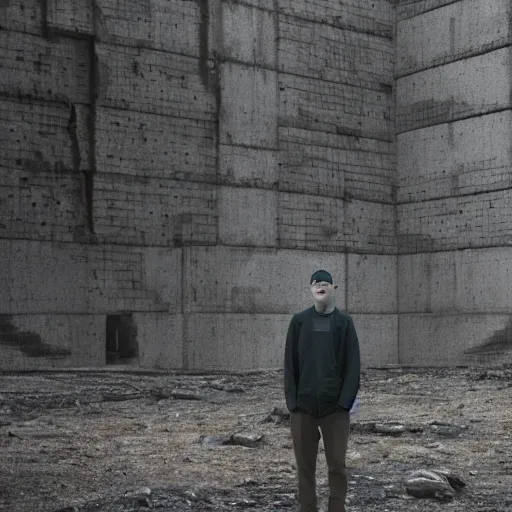 Prompt: beautiful portrait of anthony fantano, theneedledrop, standing in desolate empty brutalist ruins, close - up, painted by zdzislaw beksinski