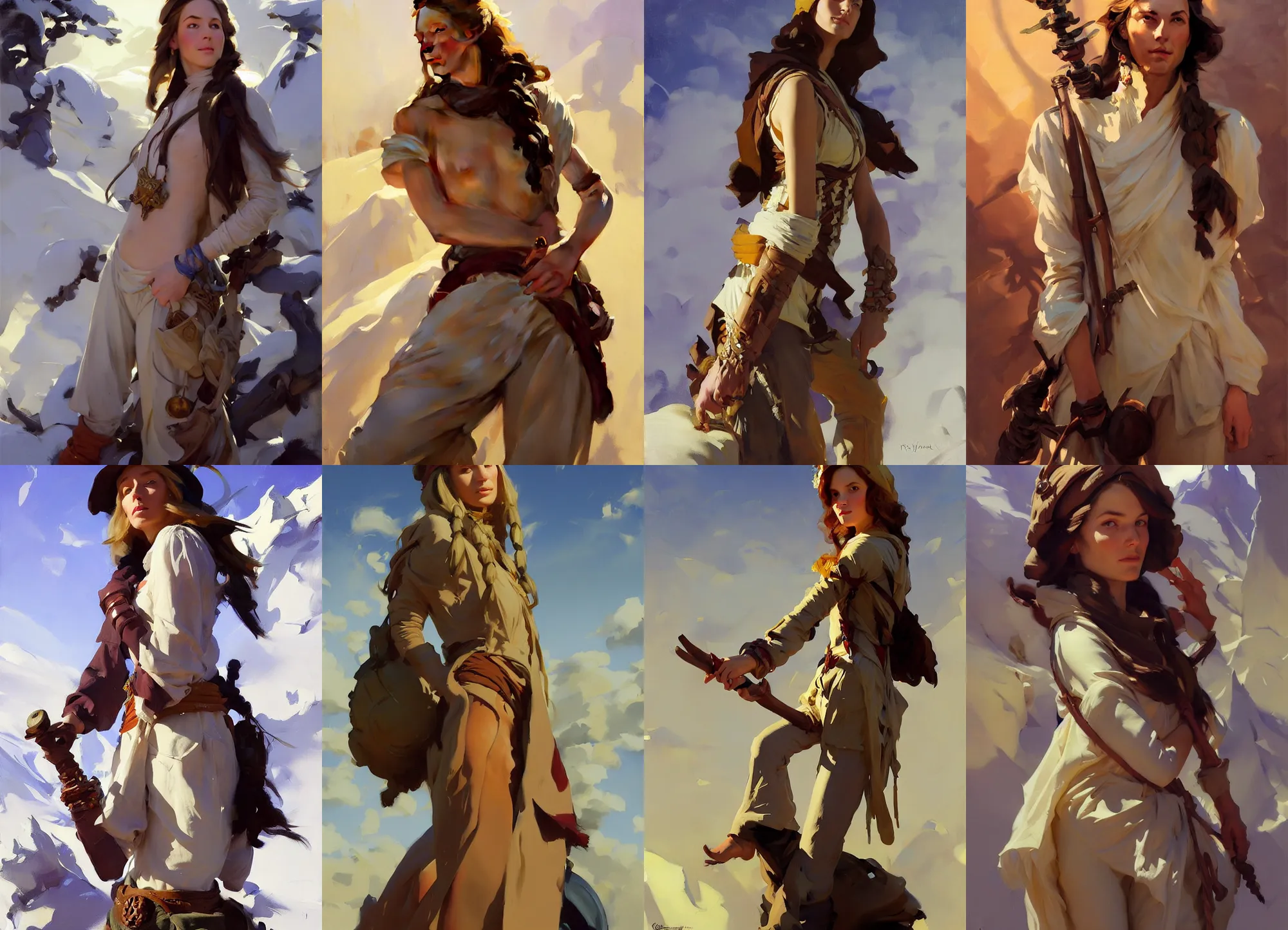 Image similar to in full growth portrait of hippie model girl jodhpurs hyperborea winter traveler treasure hunter greg manchess painting by sargent and leyendecker, fantasy, medium shot, asymmetrical, intricate, elegant, matte painting, illustration, hearthstone, by rhads, by greg rutkowski, by greg tocchini, by james gilleard, by joe fenton