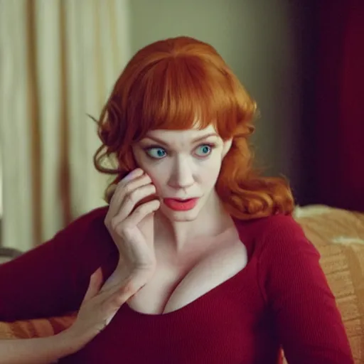 Image similar to amazing beautiful Christina Hendricks with puffy lips in the living room, film still from the movie directed by Denis Villeneuve , wide lens