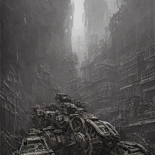 Image similar to a beautiful hyperrealistic ultradetailed matte painting of dieselpunk war machines, by James Stokoe and harry clarke and Zdzisław Beksiński and Jakub Rozalski, war theatre, dark, realistic, smog, black smoke, oil, machine parts, dystopian, insane details, peter mohrbacher, intricate, mecha, embers, trending on artstation, volumetric lighting, smog, micro details, HD wallpaper, 8k