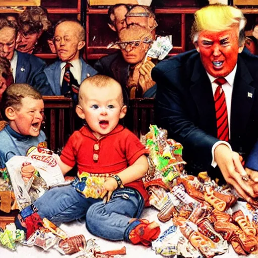 Image similar to Donald Trump stealing candy from a baby, painting by Norman Rockwell, 8k