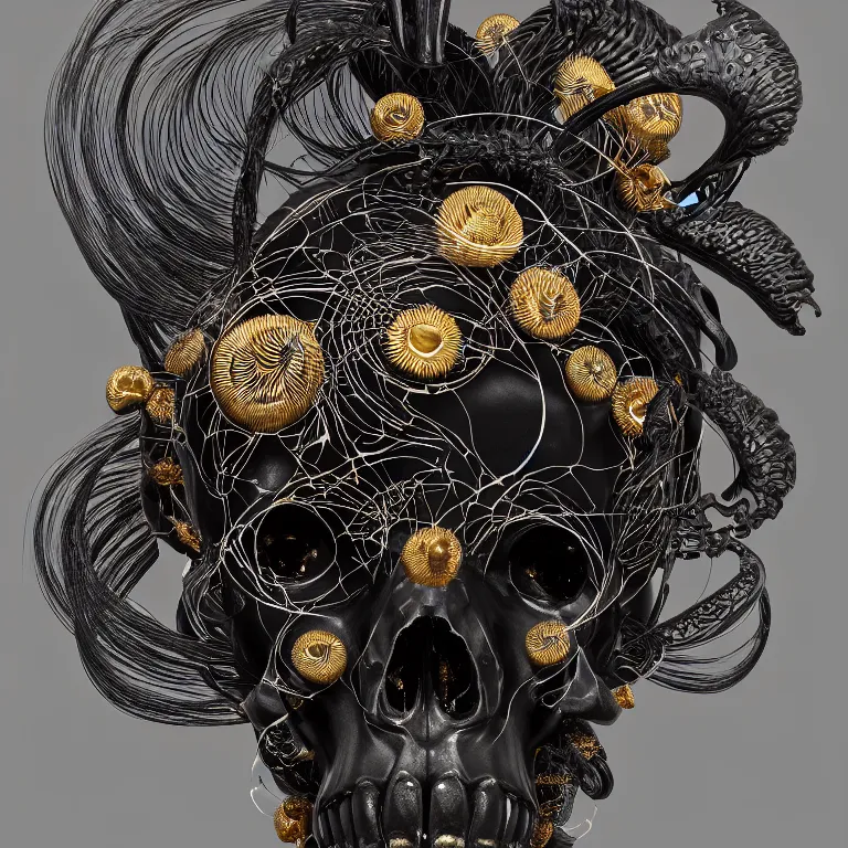 Image similar to black background. absolutely symmetrical sculpture. centered. goddess princess face close-up portrait ram skull. sculpture made of gold and black charcoal. jellyfish phoenix head, nautilus, orchid, skull, betta fish, bioluminiscent creatures, intricate artwork by Tooth Wu and wlop and beeple. octane render, trending on artstation, greg rutkowski very coherent symmetrical artwork. cinematic, hyper realism, high detail, octane render, 8k