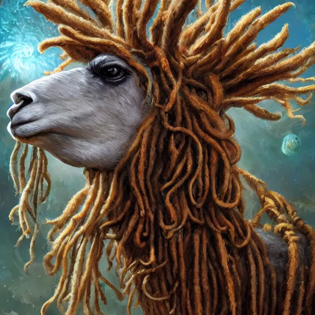 Prompt: llama with dreadlocks, by mandy jurgens, ernst haeckel, james jean, scifi