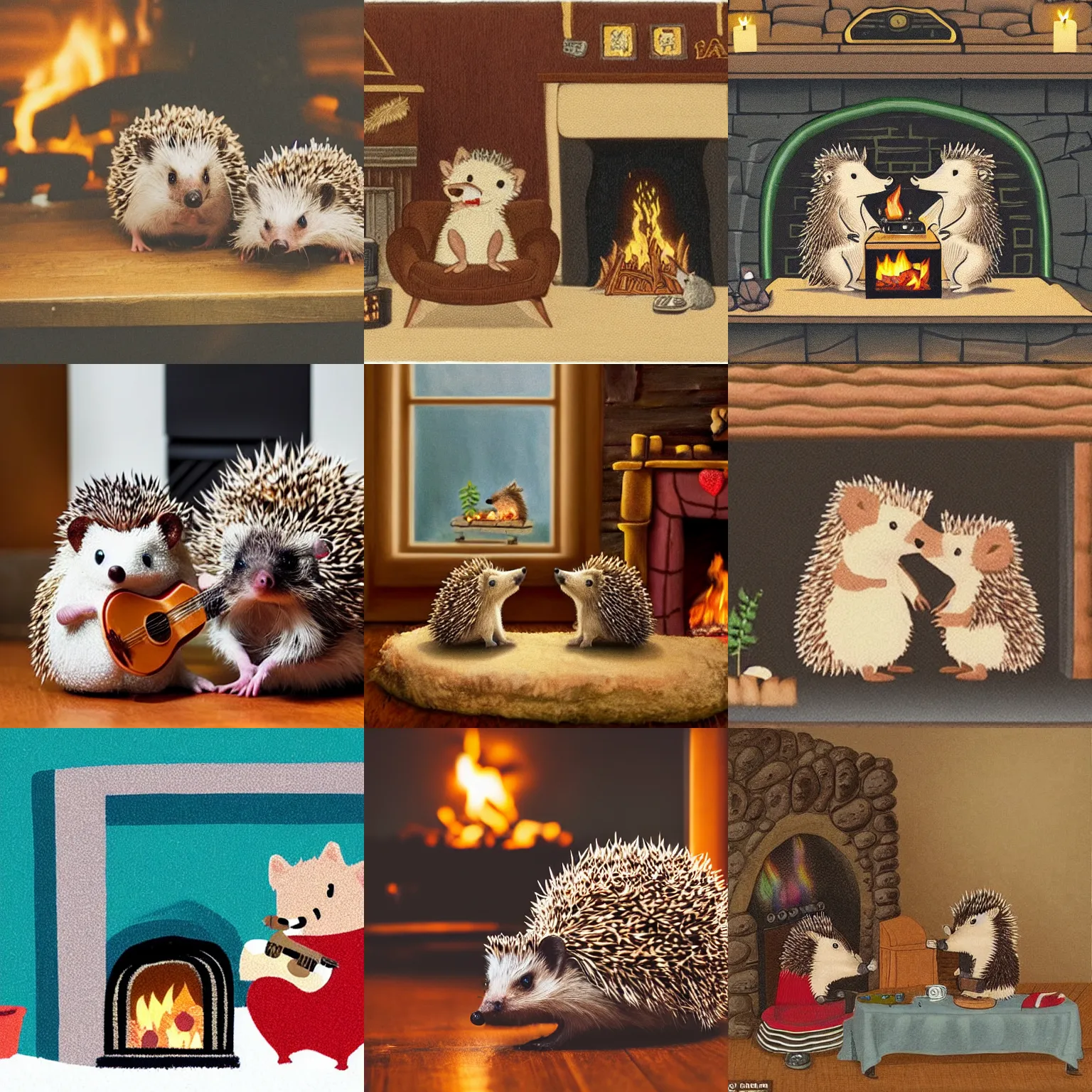Prompt: A hedgehog couple in front of a cosy fireplace, with one hedgehog playing guitar, sitting on a couch, with a bearskin on the ground, in a log cabin