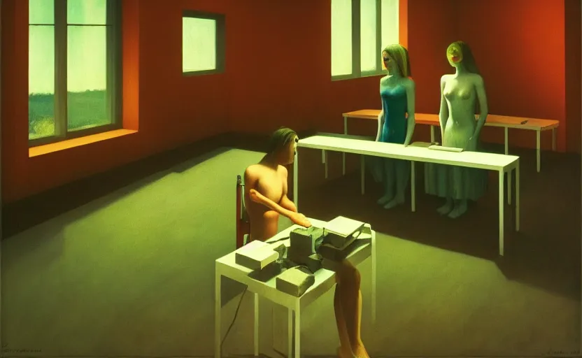 Image similar to Inside a laboratory, Edward Hopper and James Gilleard, Zdzislaw Beksinski, Mark Ryden, Wolfgang Lettl highly detailed, hints of Yayoi Kasuma