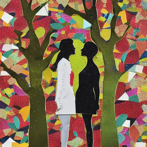 Image similar to paper collage art made of cut up magazines depicting two women kissing happily in a forest