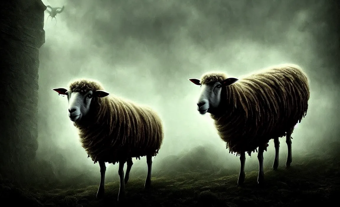 Image similar to epic professional digital art of monstrous sheep, moody atmospheric lighting, intricate, foreboding, detailed, by leesha hannigan, ayne haag, reyna rochin, ignacio fernandez rios, mark ryden, iris van herpen, artstation, cgsociety, epic, stunning, gorgeous, much wow, cinematic, masterpiece.