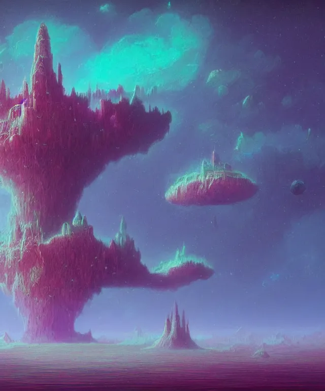 Prompt: an ultra detailed concept digital art painting of a singular floating island castle, levitating across space in a misty pearlescent nebula by paul lehr kazumasa uchio situated in a starry expanse of bioluminescent cosmic worlds by beksinski and beeple, flying citadel with towers, trending on artstation