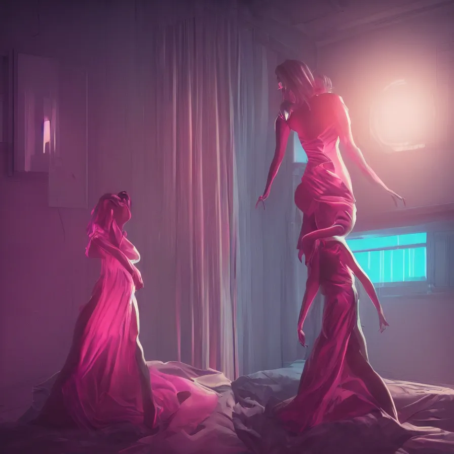 Prompt: woman wearing a gown dancing in her bedroom, during the night, cyberpunk, neon, very detailed, artstation, soft lights, sharp focus, 8 k, unreal engine, heavy grain, fine facial features