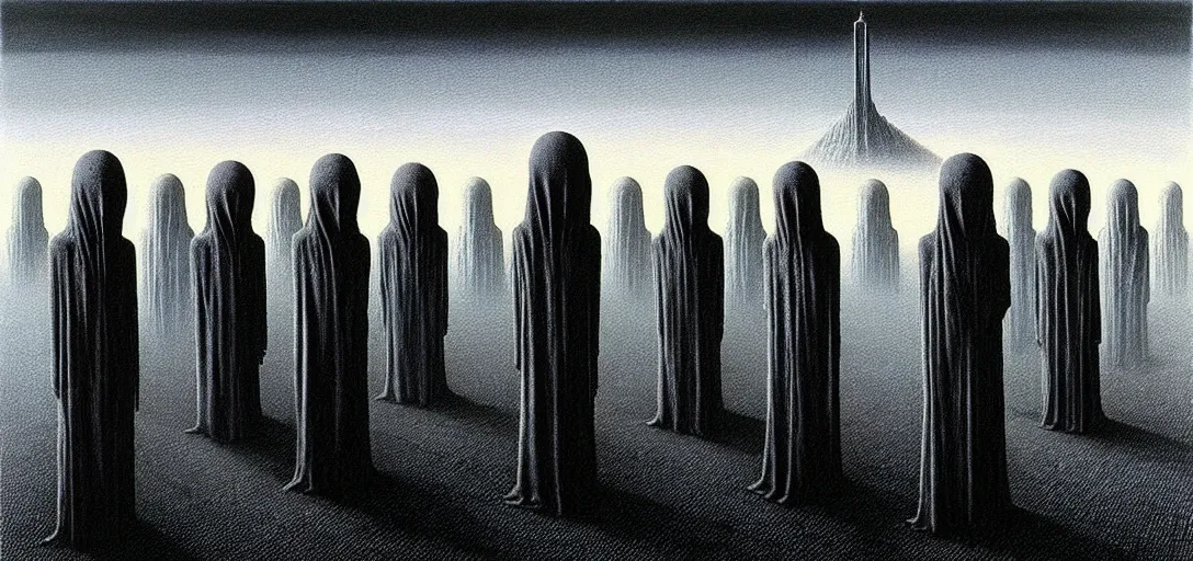 Image similar to dystopian surreal painting aliens in shrouds praying to a single eerie head statue surrounded by uneven buildings, artstyle by zdzisław beksinski