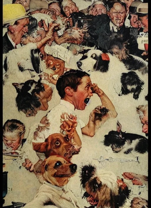 Image similar to a norman rockwell painting of an exploding dog