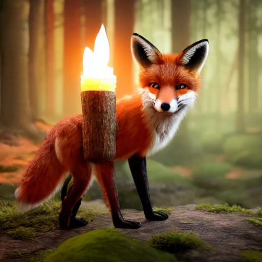 Image similar to a beautiful hyper realistic ultra detailed lifelike matte painting of a fox in front of a candle in a forest, unreal engine, deviantart, flickr, artstation, octane render, textured, colorful, extreme realistic detail, physically based rendering, pbr render, very detailed, volumetric lighting, detailed lighting, octane render, 4 k, cinematic lighting, 8 k resolution