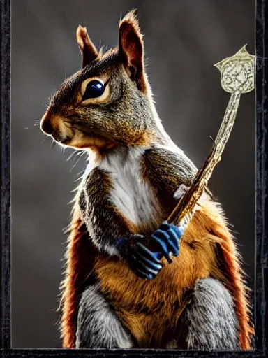 Image similar to a squirrel as king arthur, extremely plump, wearing crown of acorns and dandelions, servant squirrels, king arthur's court, game of thrones, sitting on throne, extreme wide shot, low angle, crown, crown, crown, palace, fantasy art, cinematic lighting, realistic, sony 2 4 mm f 8. 0