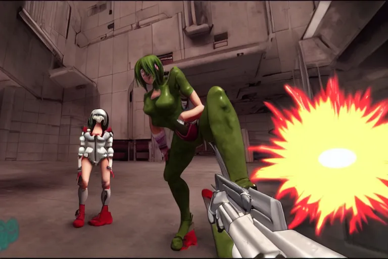 Image similar to an anime girl in a screenshot of the video game doom, the anime girl is crouching