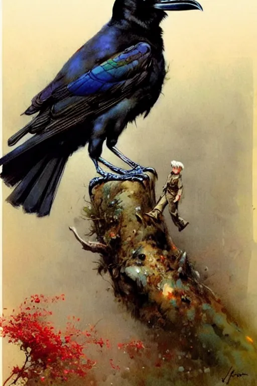 Image similar to adventurer ( ( ( ( ( 1 9 5 0 s retro future raven bird. forrest in background. muted colors. ) ) ) ) ) by jean baptiste monge!!!!!!!!!!!!!!!!!!!!!!!!! chrome red